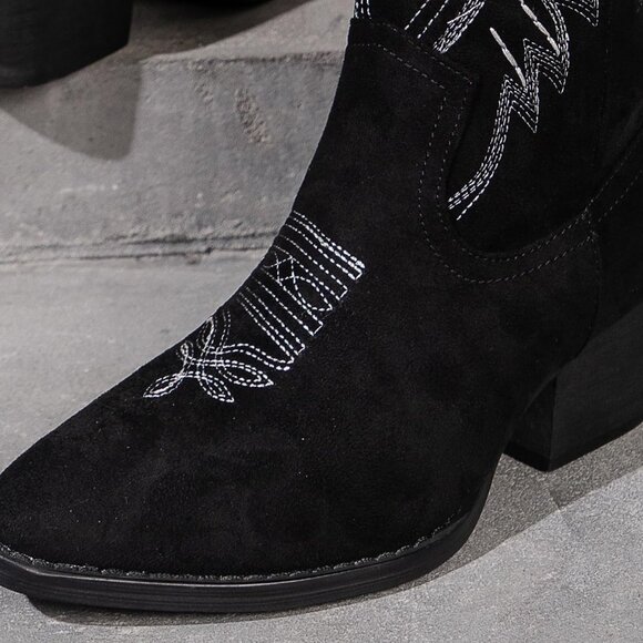 Women's Suede Embroidered Side Zipper High Heeled Boots With Sloping Heel Black - Picture 7 of 7